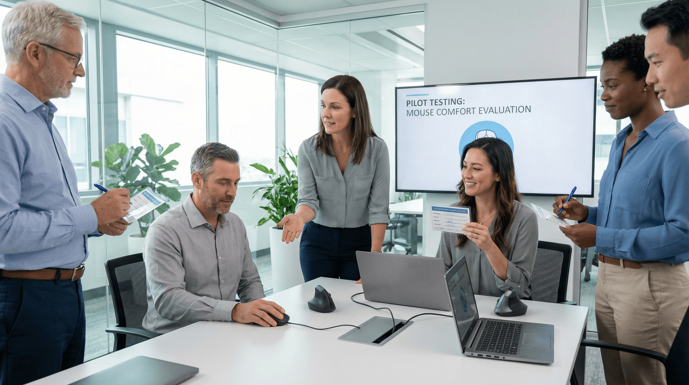 Software development team running a two-model ergonomic mouse pilot in a collaborative office environment