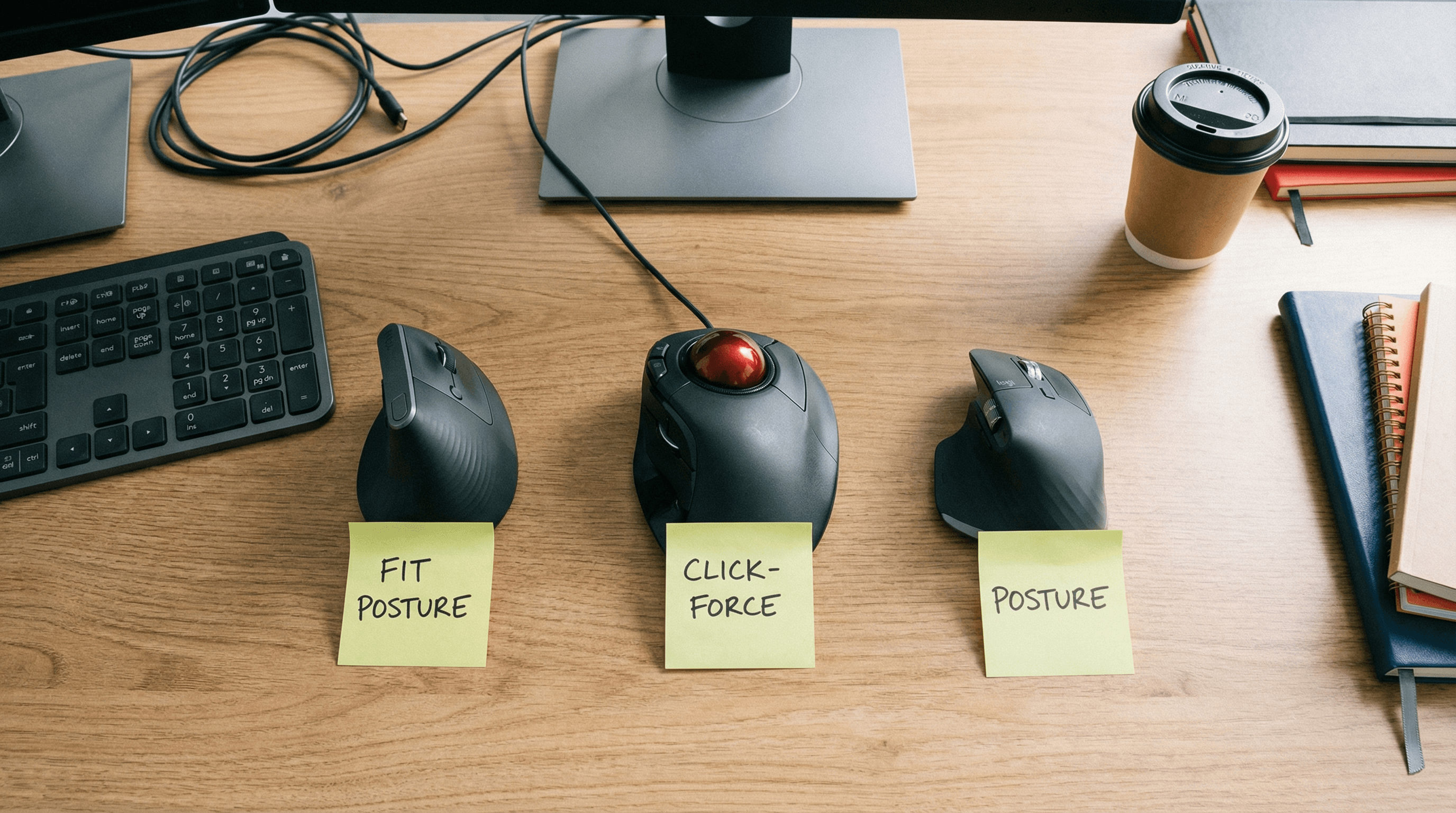 Top-down comparison of three ergonomic mouse shapes with fit, click-force, and posture notes for office wrist-discomfort buyers
