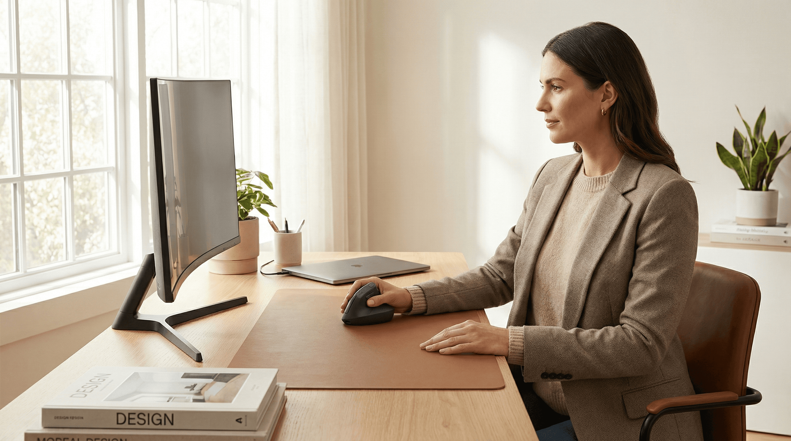 Professional office worker using a vertical ergonomic mouse with neutral wrist posture in a modern productivity desk setup
