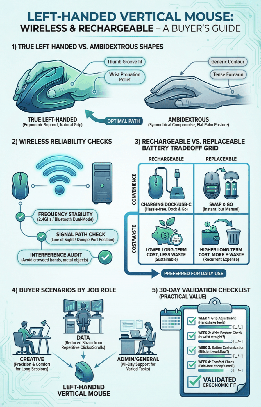 Infographic style visual showing left-handed vertical mouse decision flow across fit, comfort, battery model, and ownership value
