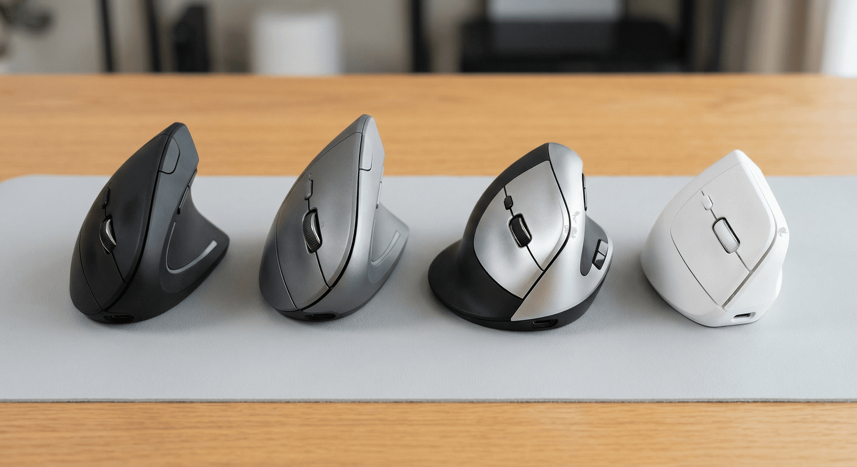 Comparison matrix showing left-handed vertical mouse model tradeoffs across comfort, wireless stability, charging style, and value