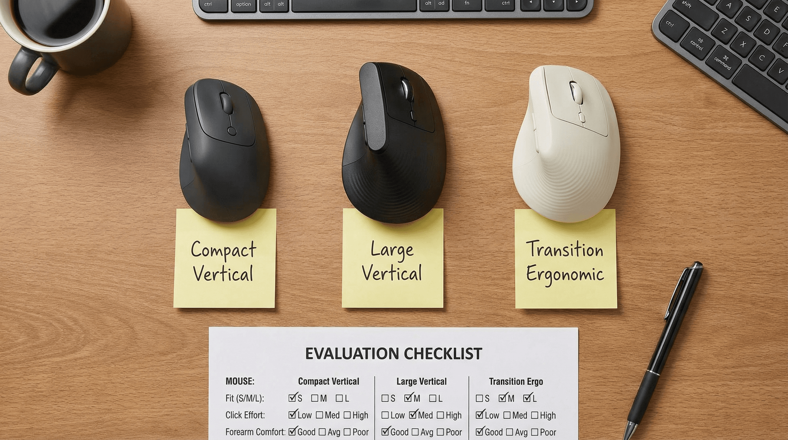 Top-down office desk visual comparing ergonomic mouse shapes with fit, click effort, and forearm comfort checklist labels