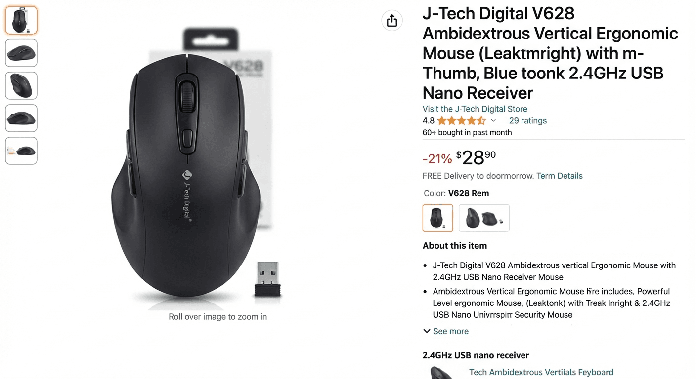 J-Tech Digital V628 Ambidextrous vertical mouse product photo used in Best anti-inflammatory for Left-Handed Users (2026)