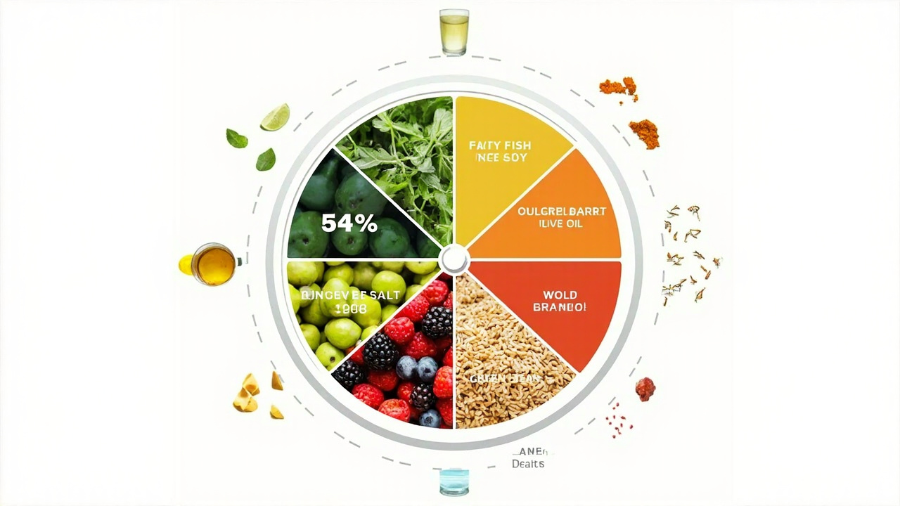 Anti-inflammatory food plate guide showing balanced meal with colorful vegetables