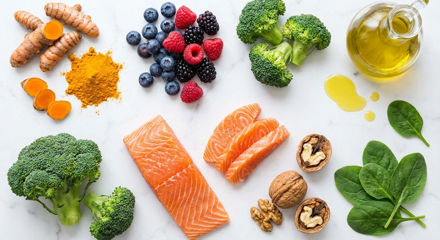 Anti-inflammatory foods flat lay — complete visual guide to the best 25 foods