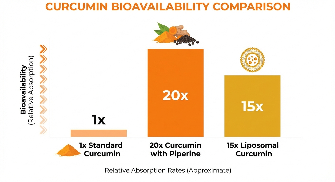 Curcumin bioavailability comparison infographic — with and without piperine