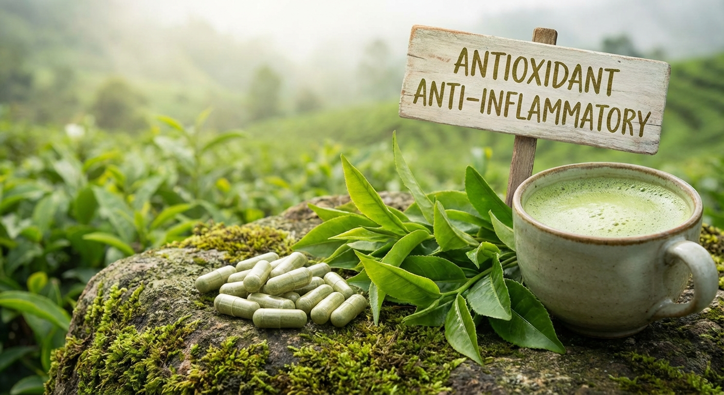 Green tea extract supplement next to fresh matcha — EGCG antioxidant