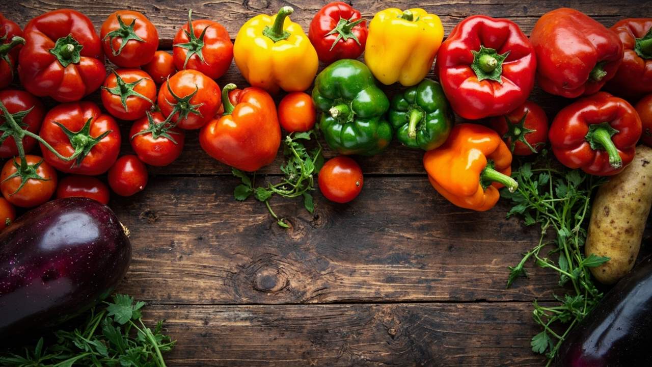 Fresh colorful nightshade vegetables display - tomatoes, bell peppers, eggplant arranged on a rustic surface