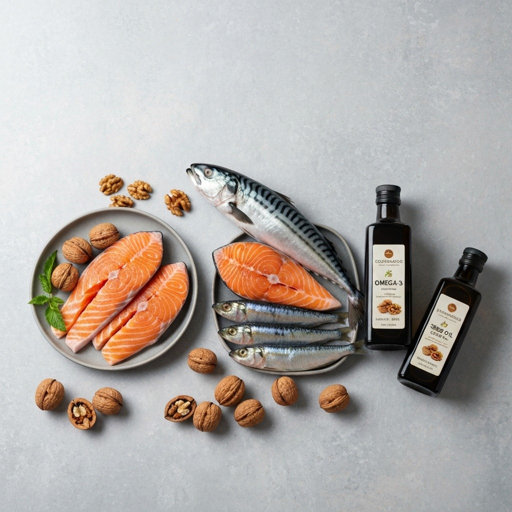 Omega-3 vs omega-6 foods hero image showing fatty fish and walnuts compared to seed oils and processed foods