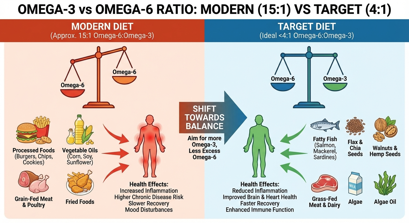 Omega-3 and omega-6 fatty acid sources infographic showing dietary sources and health effects comparison
