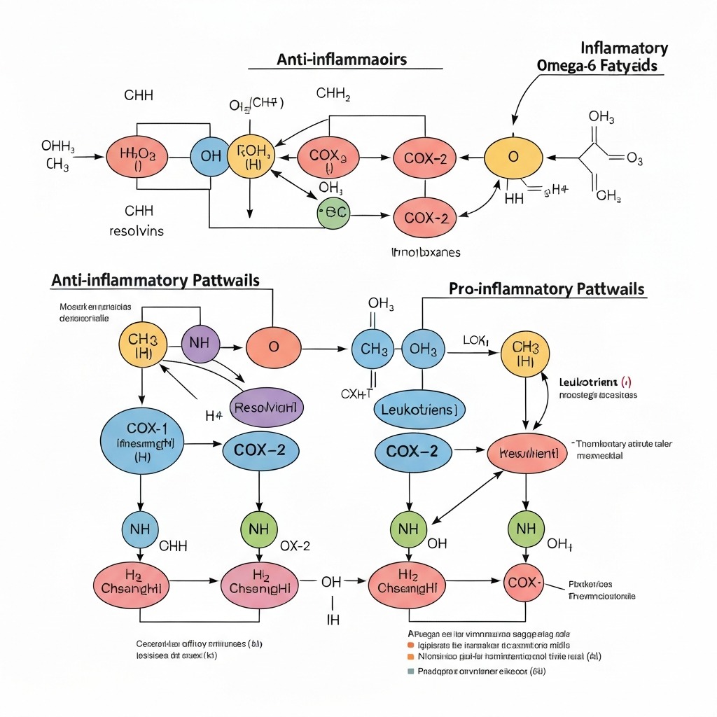 Omega-3 omega-6 inflammatory pathway infographic showing how high omega-6 produces pro-inflammatory eicosanoids via arachidonic acid