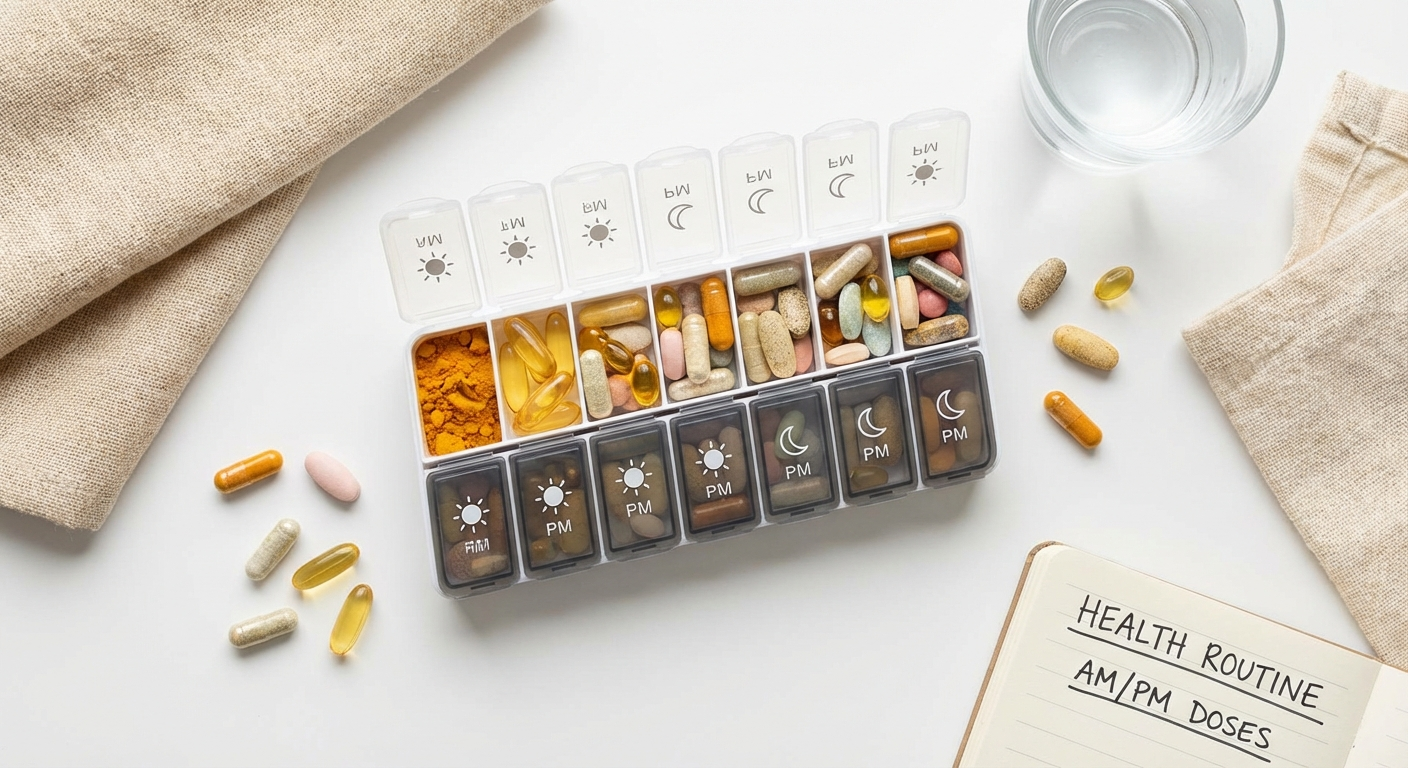 Daily supplement routine layout — morning and evening doses