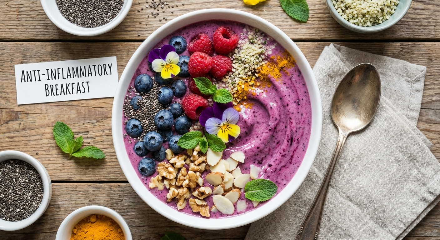 Berry smoothie bowl with blueberries, raspberries, chia seeds, walnuts, and almonds — the perfect anti-inflammatory breakfast