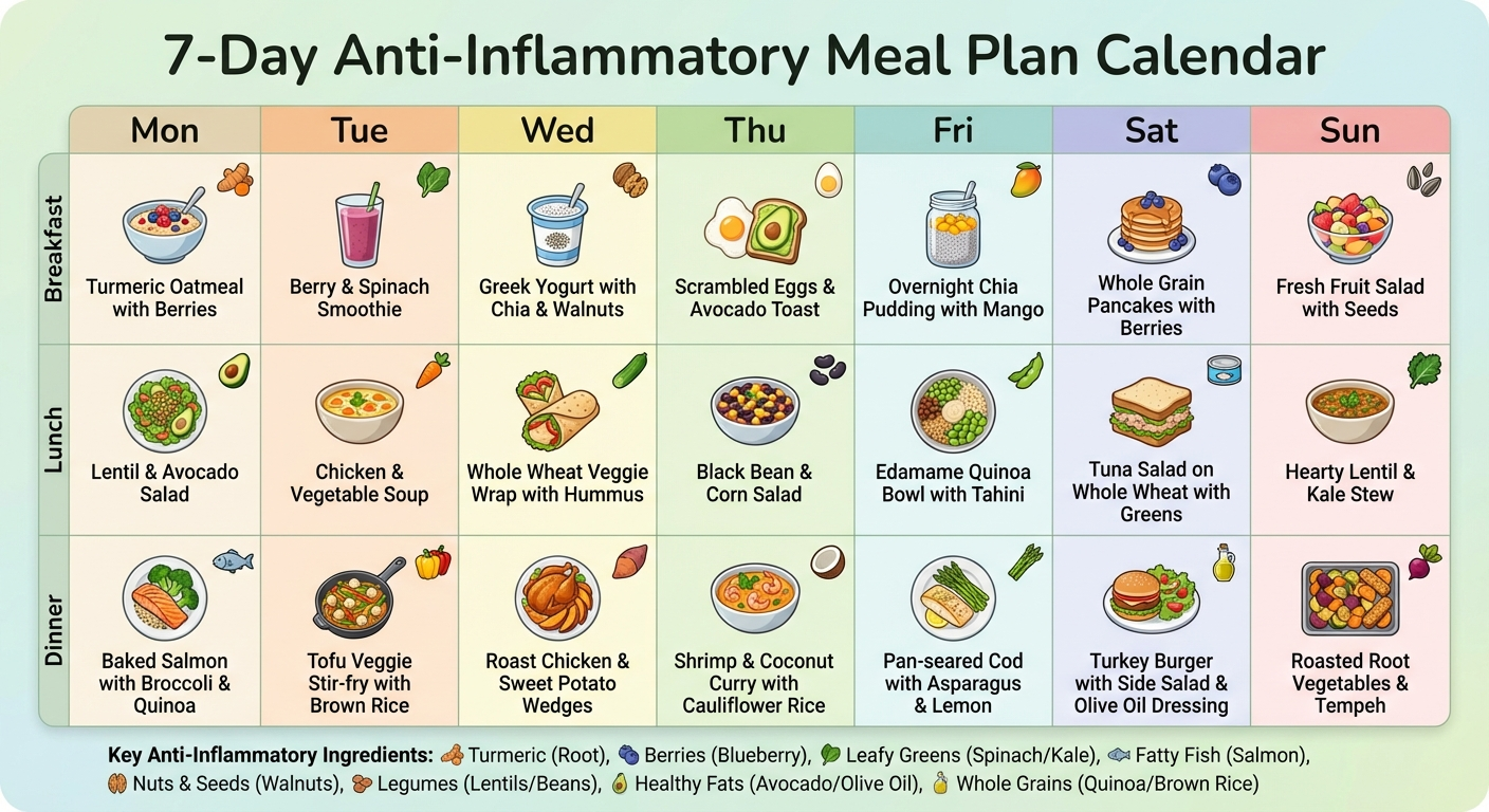 7-day anti-inflammatory meal plan calendar infographic showing breakfast, lunch, and dinner for each day