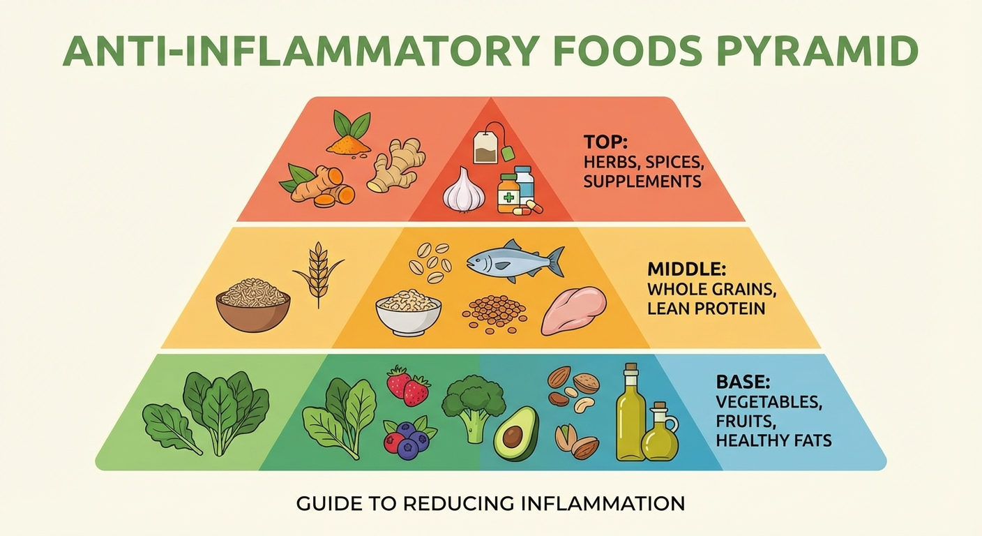 Anti-inflammatory foods pyramid showing vegetables and fruits at the base, healthy fats and whole grains in the middle, and herbs and spices at the top