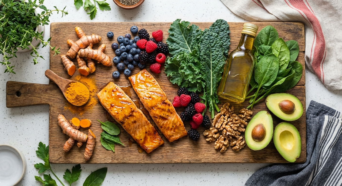 Colorful array of anti-inflammatory foods including turmeric, salmon, berries, leafy greens, olive oil, and walnuts on a wooden board