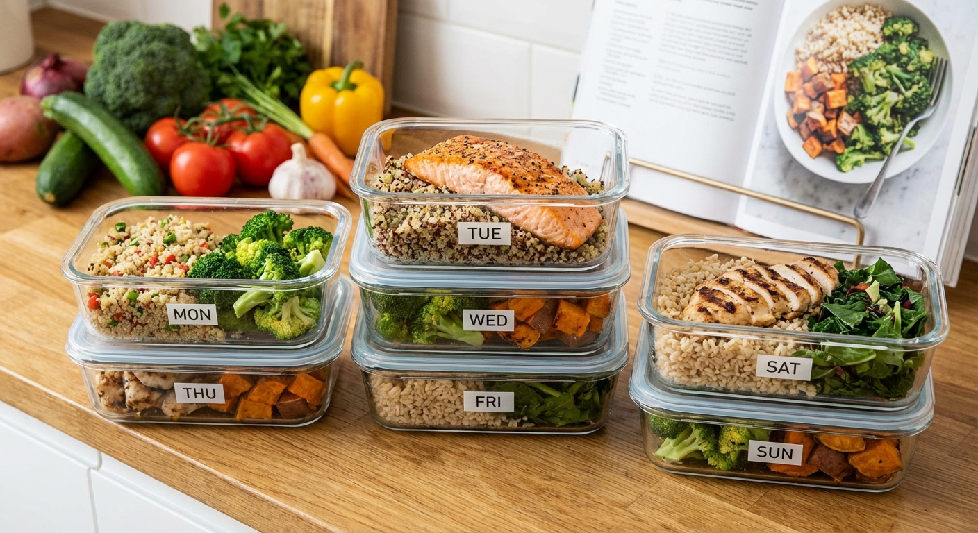 Anti-inflammatory meal prep containers with organized vegetables, proteins, and whole grains for the week