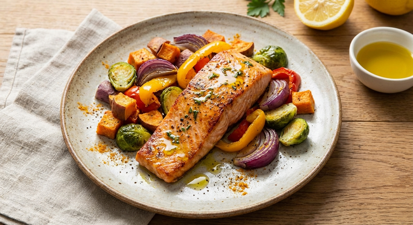 Salmon with roasted vegetables and olive oil — a classic anti-inflammatory dinner