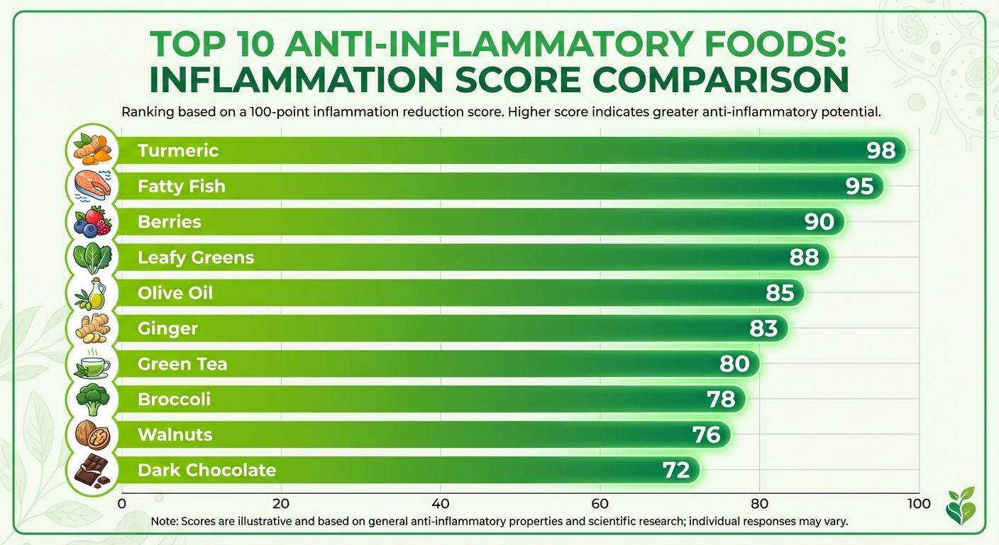 Top 10 anti-inflammatory foods ranked by inflammation score infographic