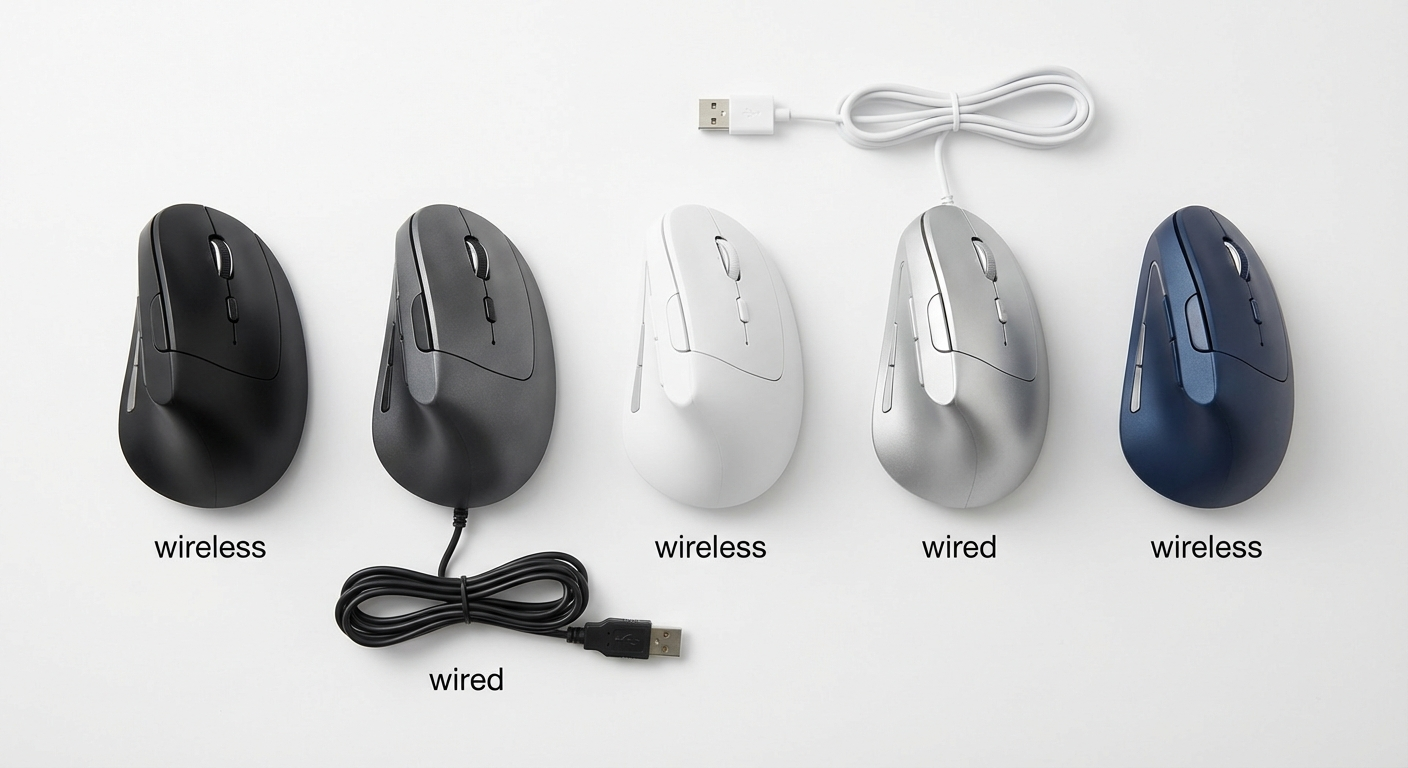 Five vertical mice side by side comparing wireless and wired models