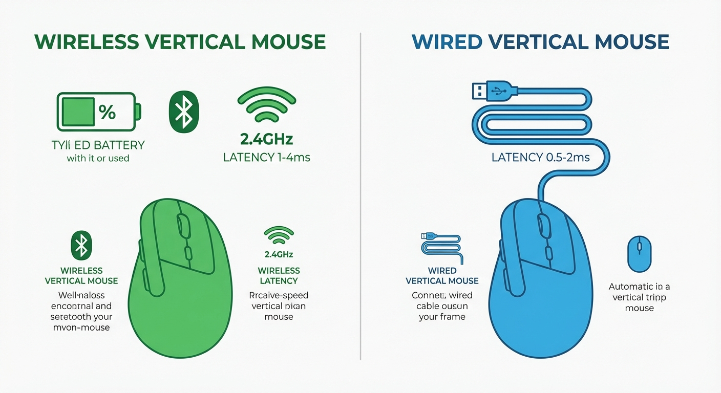 Latency comparison infographic for wireless versus wired vertical mice